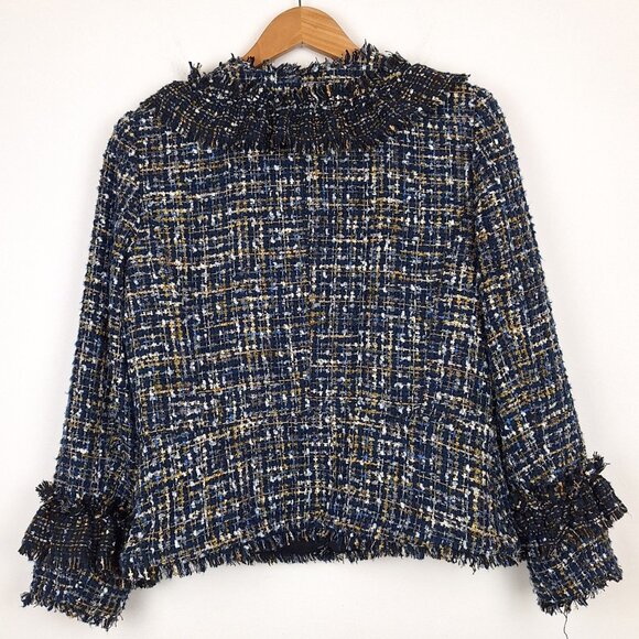 Ann Taylor Ruffle Tweed Blazer Size 6. Navy Blue Multicolor Shimmer Raw Edge - Picture 7 of 13
